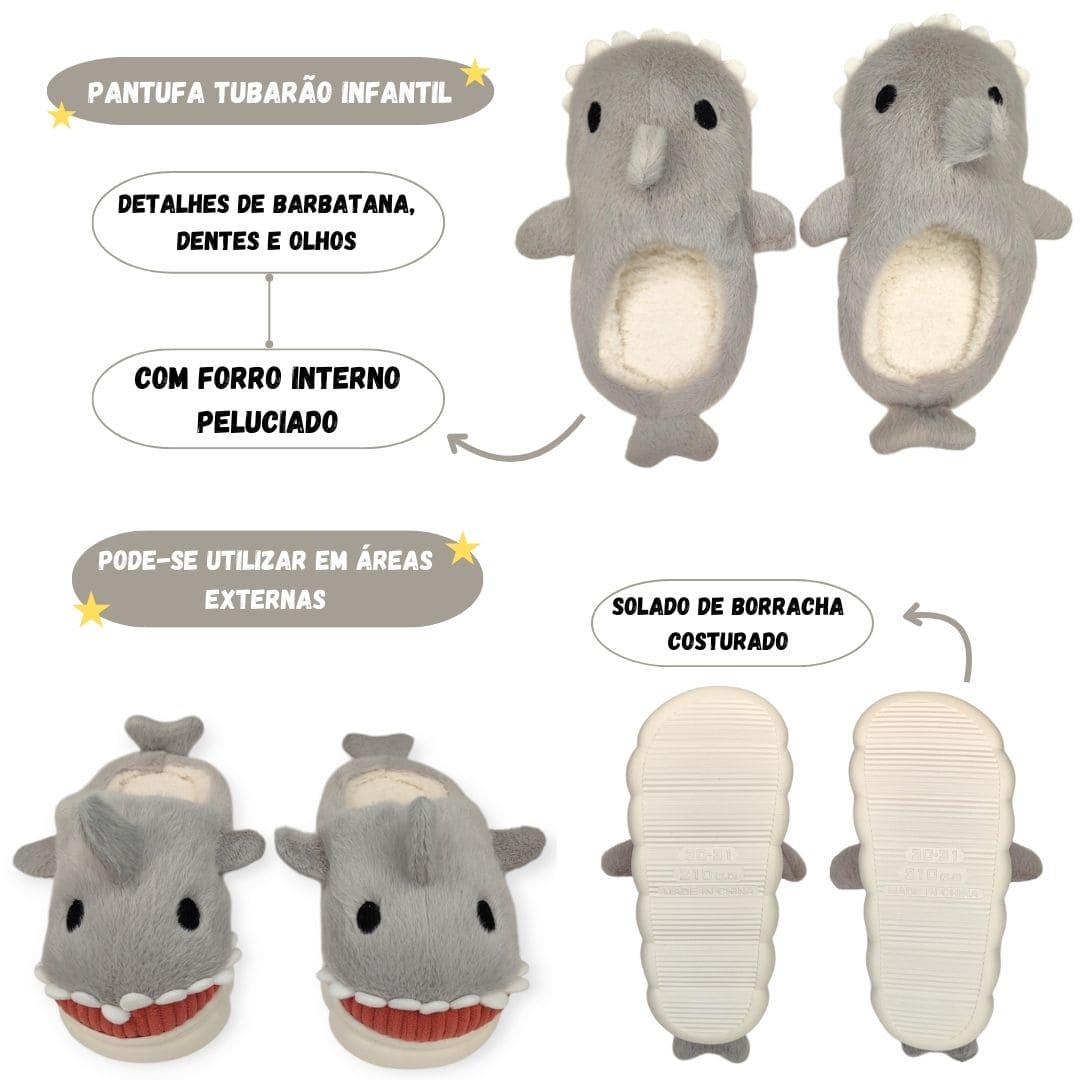 Chinelo Pantufa Baby Shark Tubarão Infantil Cinza Solado de Borracha Inverno Frio