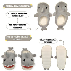 Chinelo Pantufa Baby Shark Tubarão Infantil Cinza Solado de Borracha Inverno Frio - Hover