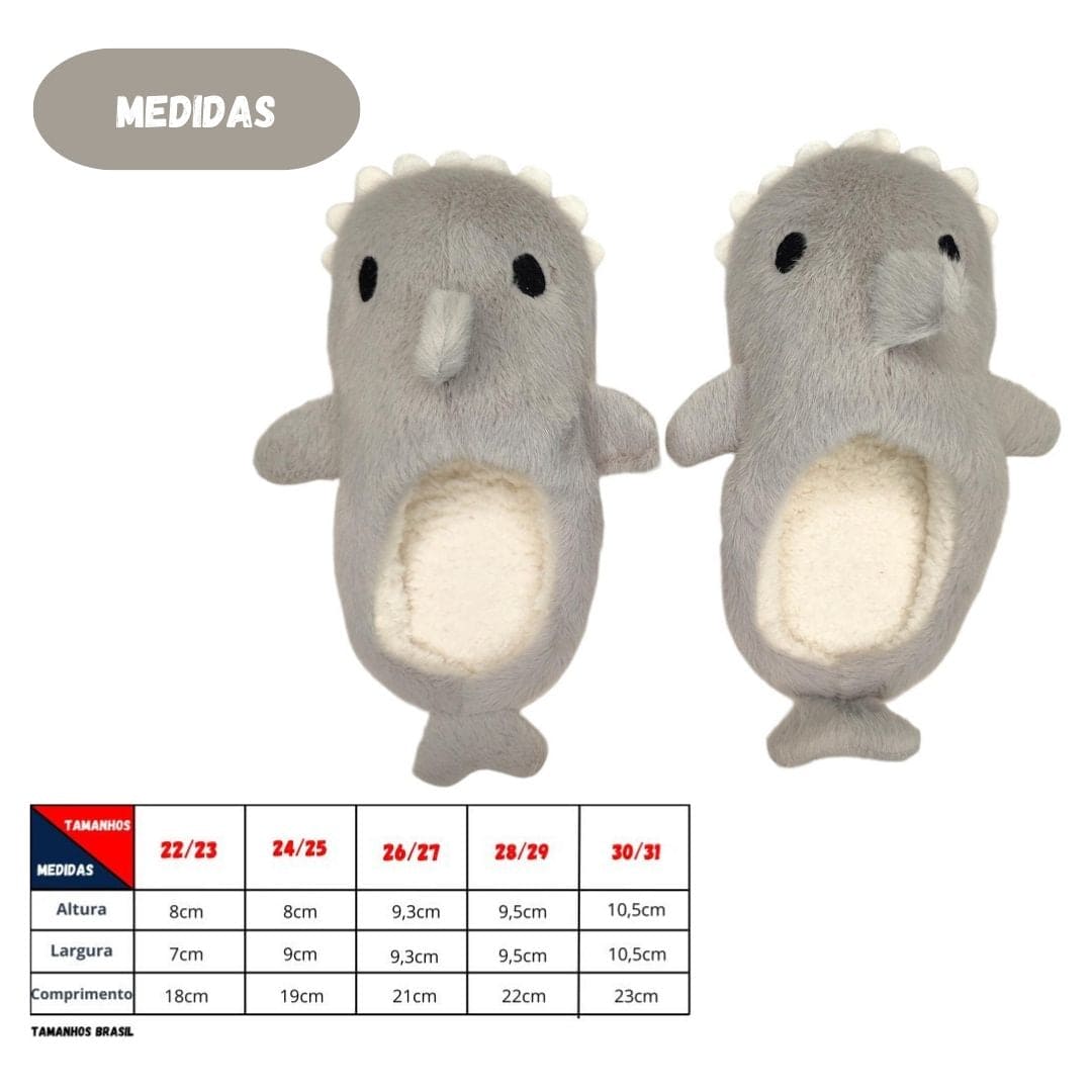 Chinelo Pantufa Baby Shark Tubarão Infantil Cinza Solado de Borracha Inverno Frio
