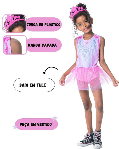 Fantasia Feminina Bailarina com Tiara Infantil Curta Carnaval Escolar Dia das Crianças