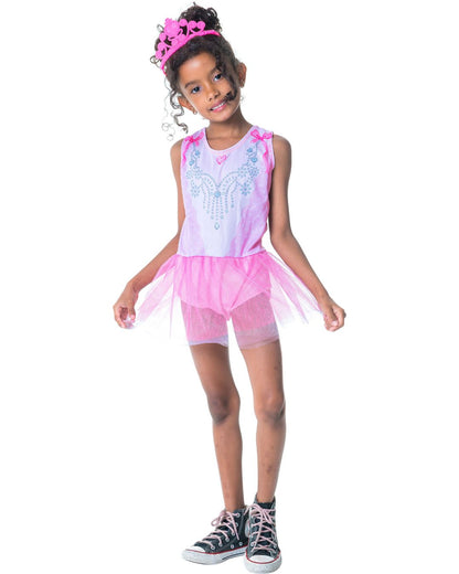 Fantasia Feminina Bailarina com Tiara Infantil Curta Carnaval Escolar Dia das Crianças