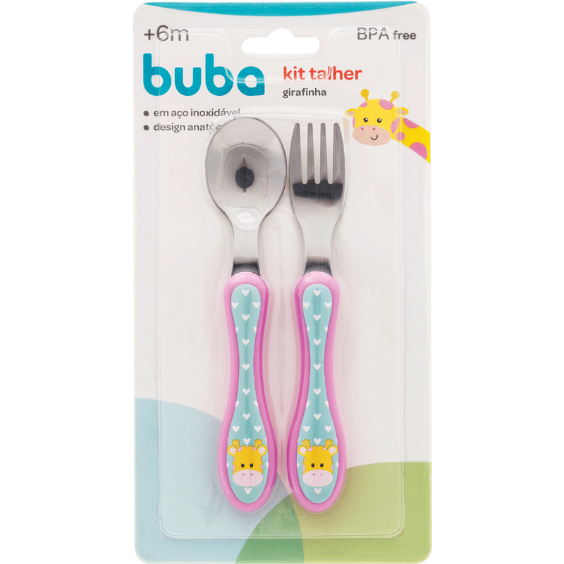 Kit Talher Bebê Introdução Alimentar Infantil Garfo + Colher Girafinha Buba