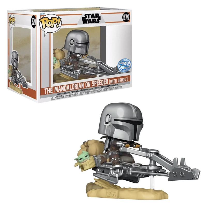 Boneco Funko POP Mandalorian On Speeder c Grogu 579 Star Wars Disney Série The Mandalorian Brinquedo Colecionável Presente Coleção Criança