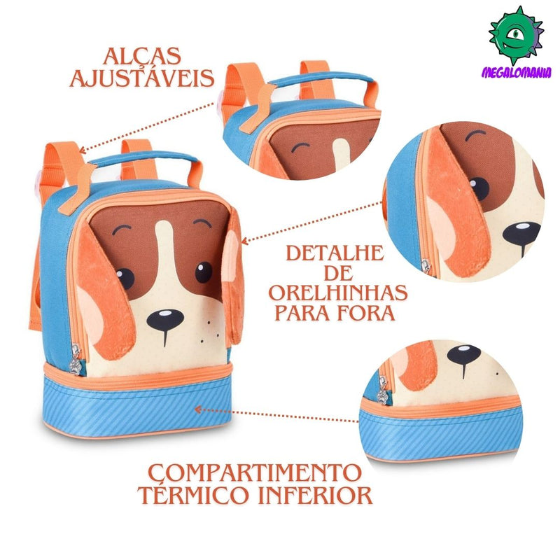 Kit Mochila de Carrinho Laranja Bolsa Mala Lancheira Térmica Duas Alças Escolar Infantil Clio