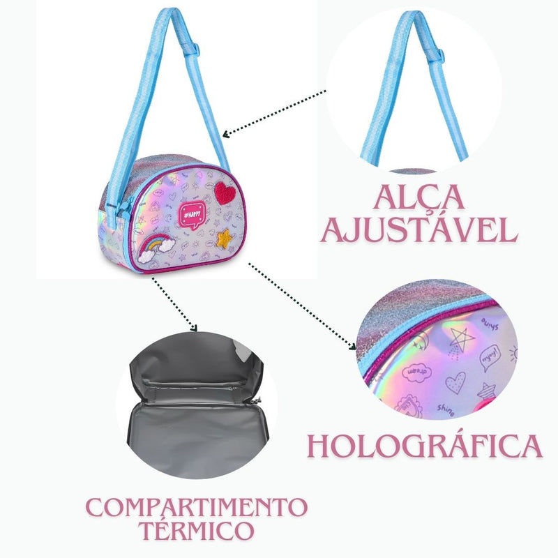 Kit Mochila Carrinho Holográfica Lancheira Térmica Juvenil Lanche Feminina Rosa Meninas Clio