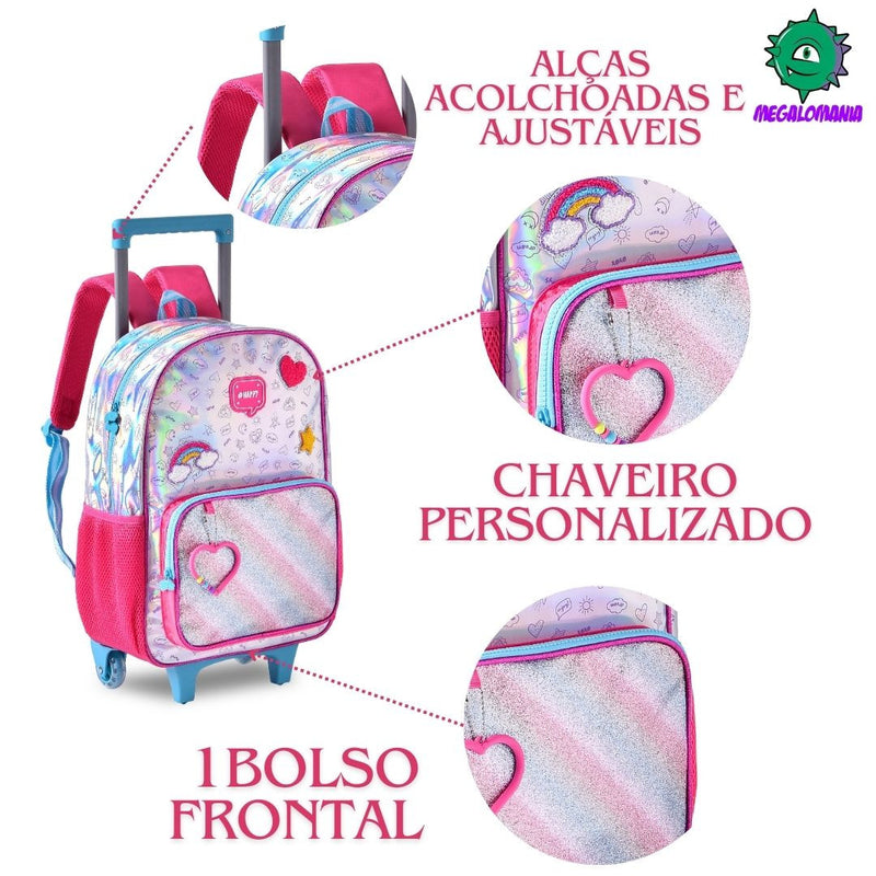 Kit Mochila Carrinho Holográfica Lancheira Térmica Juvenil Lanche Feminina Rosa Meninas Clio