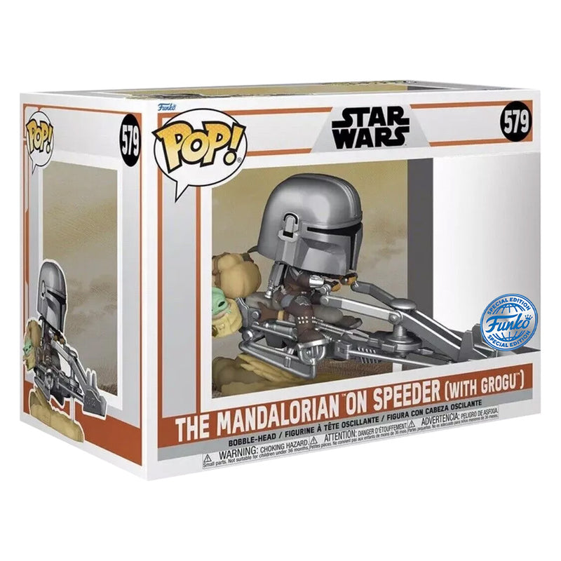 Boneco Funko POP Mandalorian On Speeder c Grogu 579 Star Wars Disney Série The Mandalorian Brinquedo Colecionável Presente Coleção Criança