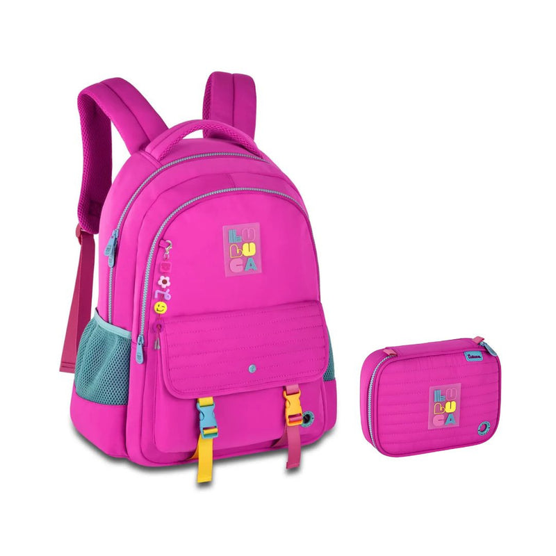 Kit Mochila Costas Rosa Luluca Estojo Box Escolar Juvenil Meninas Feminino Chaveiro Clio