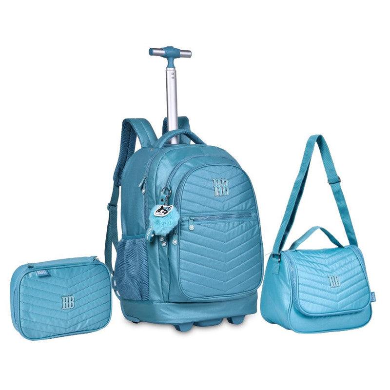 Kit Mochila de Carrinho Mala Bolsa Lancheira Térmica Duas Alças Estojo Box Azul Rebecca Bonbon Escolar Feminino  Juvenil Clio