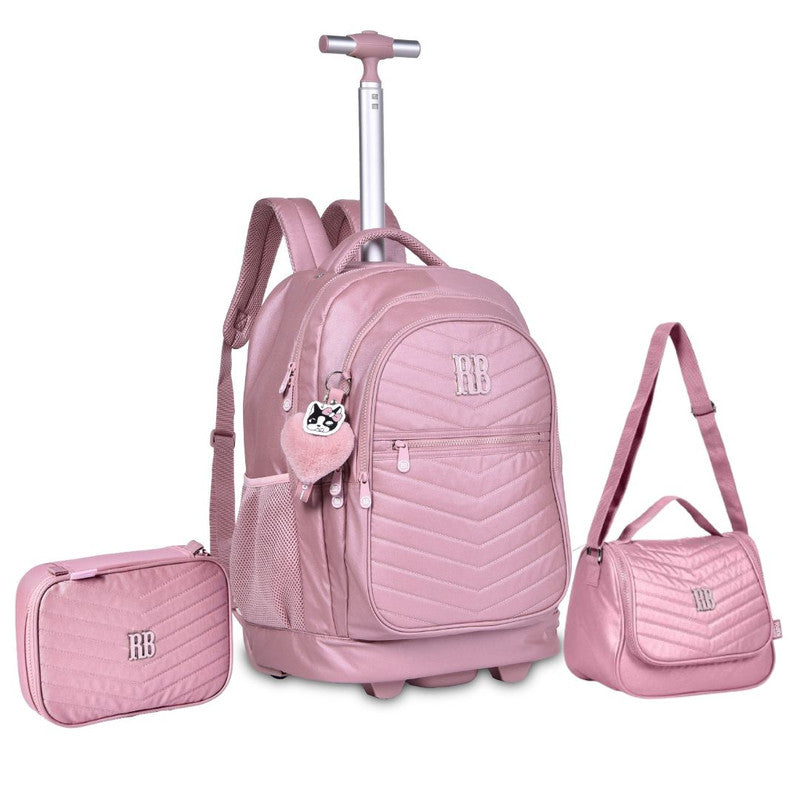 Kit Mochila de Carrinho Mala Bolsa Lancheira Térmica Duas Alças Estojo Box Rosa Femino Escolar Lanchinho Rebecca Bonbon Clio