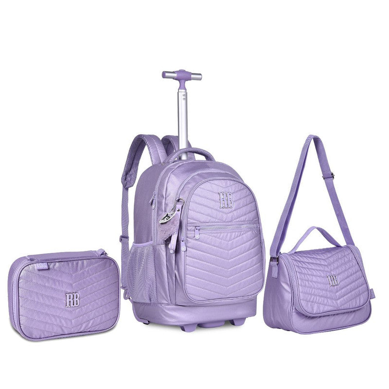 Kit Mochila de Carrinho Bolsa Mala Lancheira Térmica Duas Alças Estojo Box Feminino Juvenil Escolar Roxo Rebecca Bonbon Clio