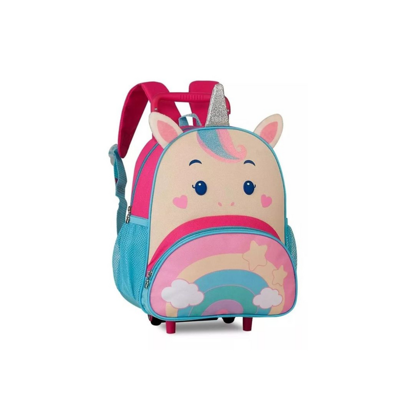 Kit Mochila de Carrinho Rodinha Unicórnio Lancheira Térmica Rosa Infantil Menina Feminina Criança Bebê Escolar Pets Clio