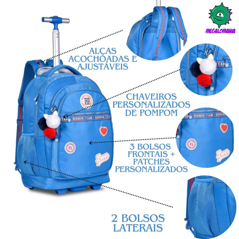 Kit Mochila de Carrinho Mala Bolsa Lancheira Térmica Duas Alças Azul Escolar Meninas Juvenil Rebecca Bonbon Clio