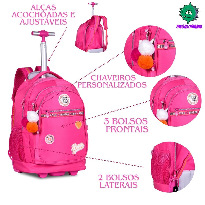 Kit Mochila de Carrinho Mala Bolsa Lancheira Térmica Duas Alças Rosa Escolar Meninas Juvenil Rebecca Bonbon Clio