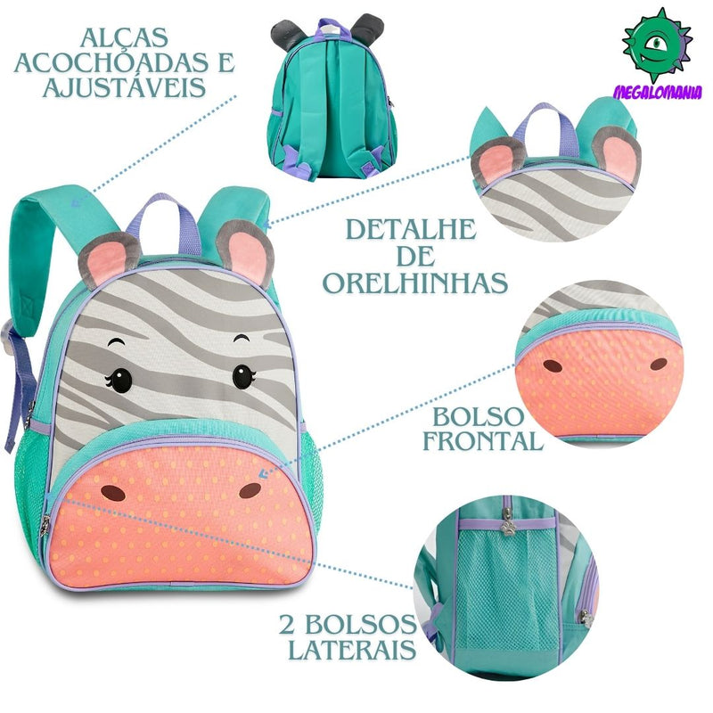 Kit Mochila de Costas Mala Bolsa Zebra Lancheira Térmica Duas Alças Lanchinho Escolar Infantil Clio