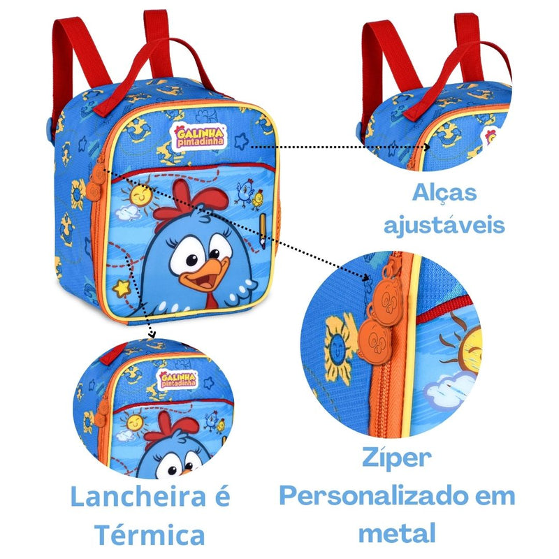 Kit Mochila de Carrinho Galinha Pintadinha Mala Bolsa Lancheira Térmica Duas Alças Infantil Escolar Clio