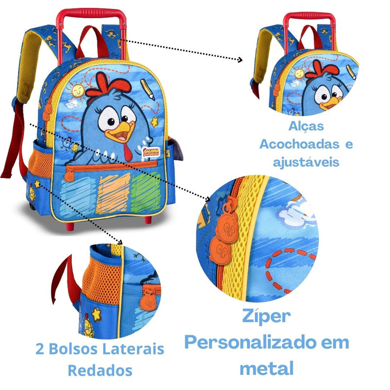 Kit Mochila de Carrinho Galinha Pintadinha Mala Bolsa Lancheira Térmica Duas Alças Infantil Escolar Clio