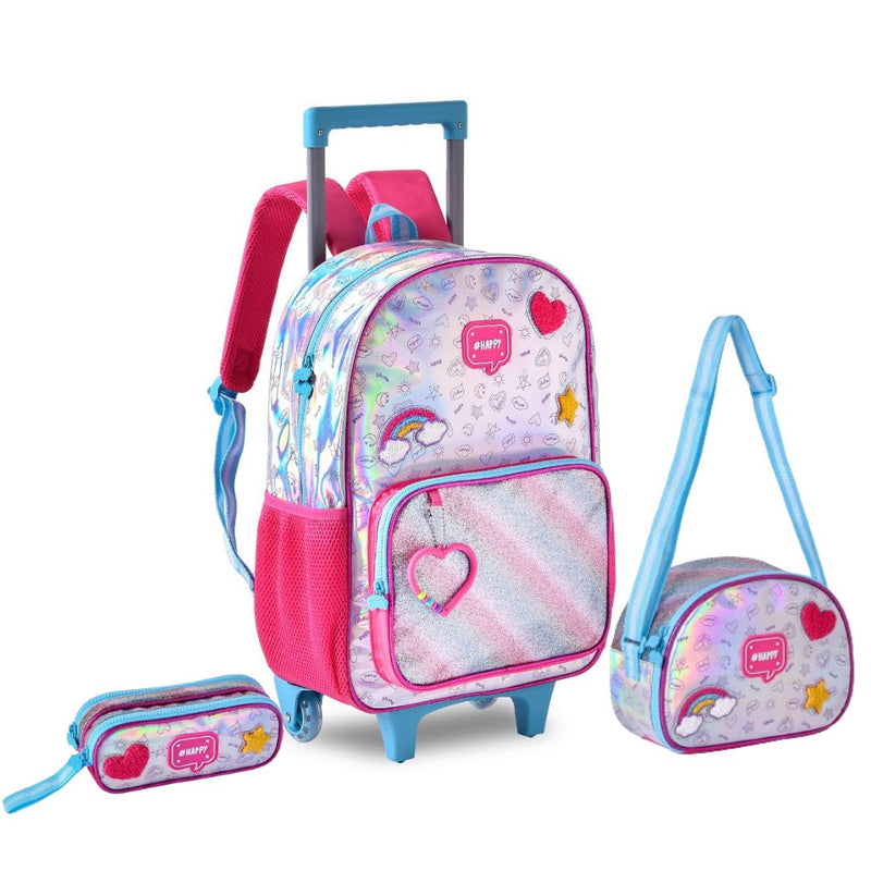 Kit Mochila de Carrinho Holográfica Mala Bolsa Lancheira Térmica Duas Alças Estojo Duplo Juvenil Meninas Escolar Clio