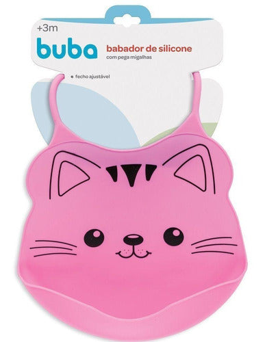 Babador de Silicone com Pega Migalhas Bebê Gatinho Rosa Kids Buba