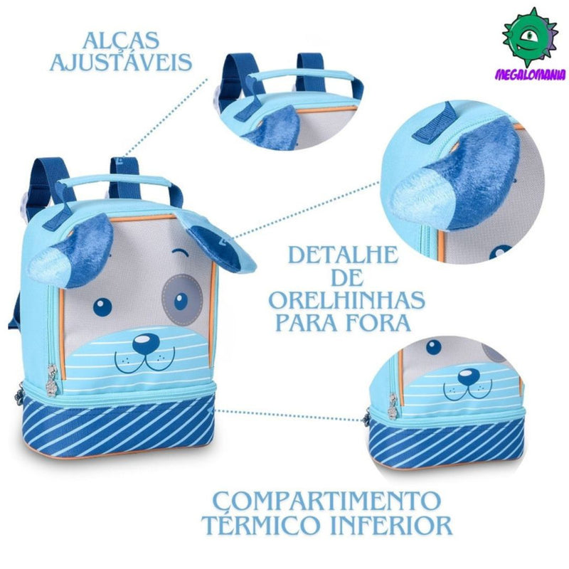 Kit Mochila de Costas Cachorrinho Azul Bolsa Mala Lancheira Térmica Duas Alças Infantil MAsculino Escolar Lanchinho Clio