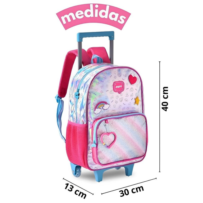 Kit Mochila Carrinho Holográfica Lancheira Térmica Juvenil Lanche Feminina Rosa Meninas Clio