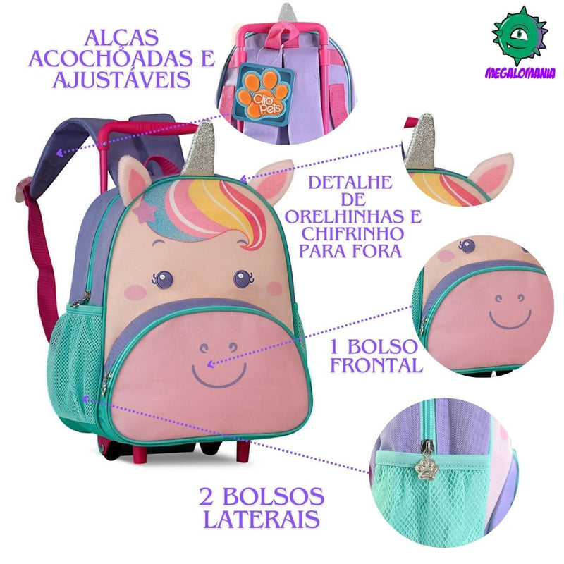 Kit Mochila de Carrinho Mala Bolsa Unicórnio Roxo Lancheira Térmica Duas Alças Lanchinho Escolar Feminino Meninas Clio