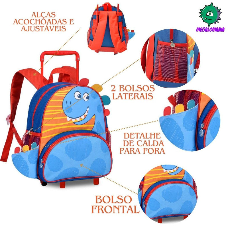 Mochila De Carrinho Mala Bolsa Dinossauro Escolar Aulas Creche Infantil Menino Clio