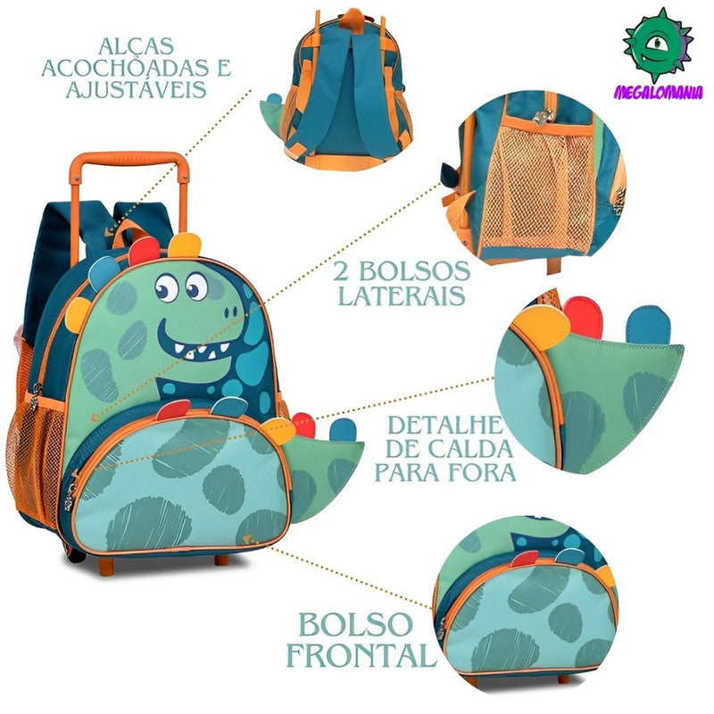 Mochila De Carrinho Mala Bolsa Dinossauro Escolar Aulas Creche Infantil Menino Clio