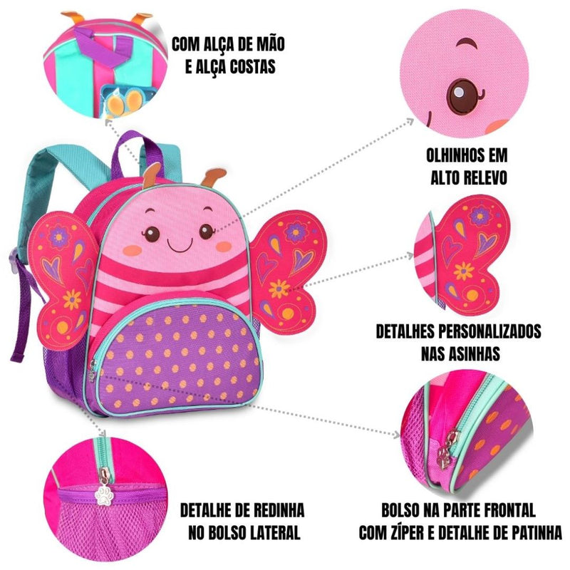 Kit Mochila de Costas Mala Bolsa Lancheira Térmica Infantil Menina Borboleta Rosa Criança Pets Clio