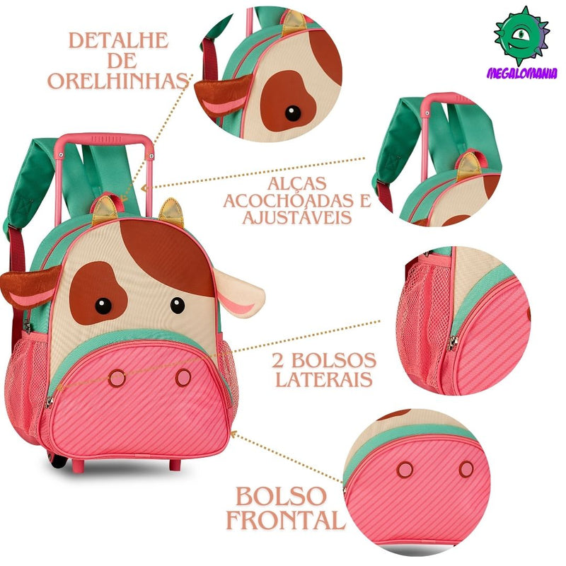 Mochila de Carrinho Rodinha Bolsa Infantil Menina Escolar Volta Aulas Pets Gato Girafa Vaca Clio