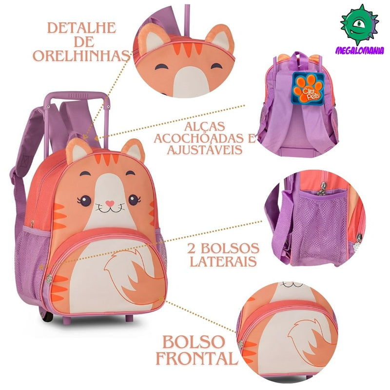 Mochila de Carrinho Rodinha Bolsa Infantil Menina Escolar Volta Aulas Pets Gato Girafa Vaca Clio