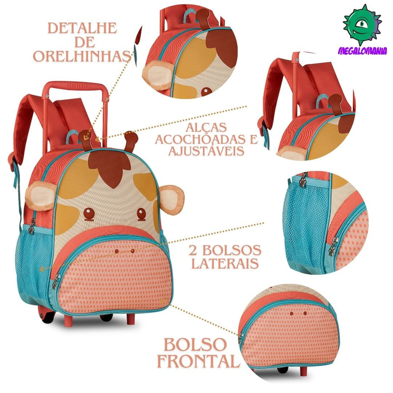 Mochila de Carrinho Rodinha Bolsa Infantil Menina Escolar Volta Aulas Pets Gato Girafa Vaca Clio