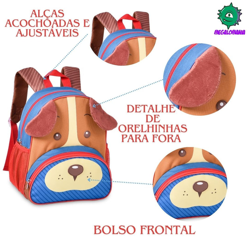 KIt Mochila De Costas Cachorro Vermelho Mala Bolsa Lancheira Térmica Duas Alças Lanchinho Infantil Escolar Mascuino Clio