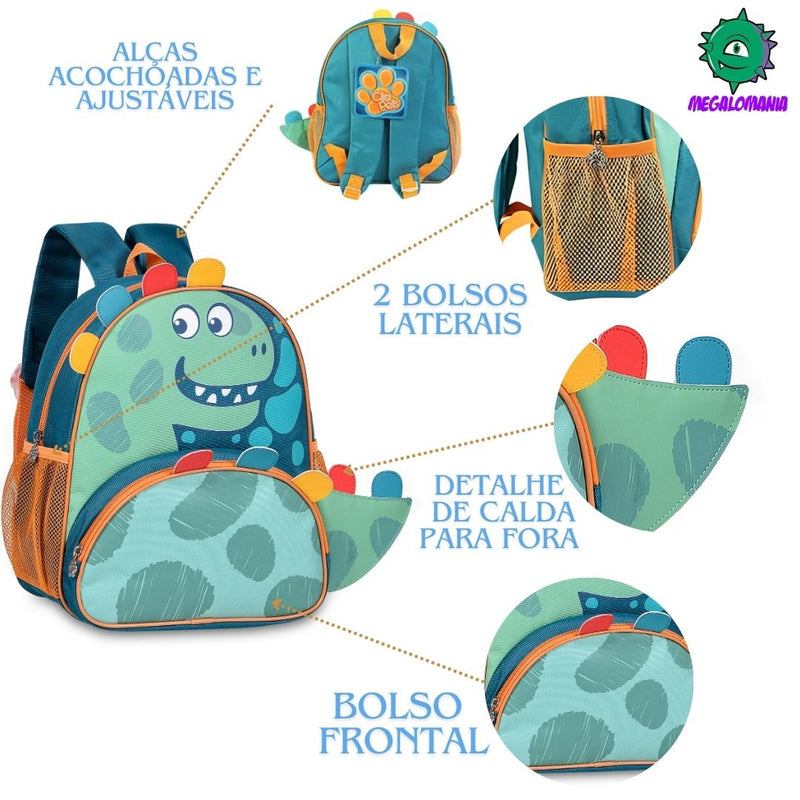 Mochila de Costas Bolsa Mala Dinossauro Menino Infantil Bebê Criança Verde Escolar Azul Clio