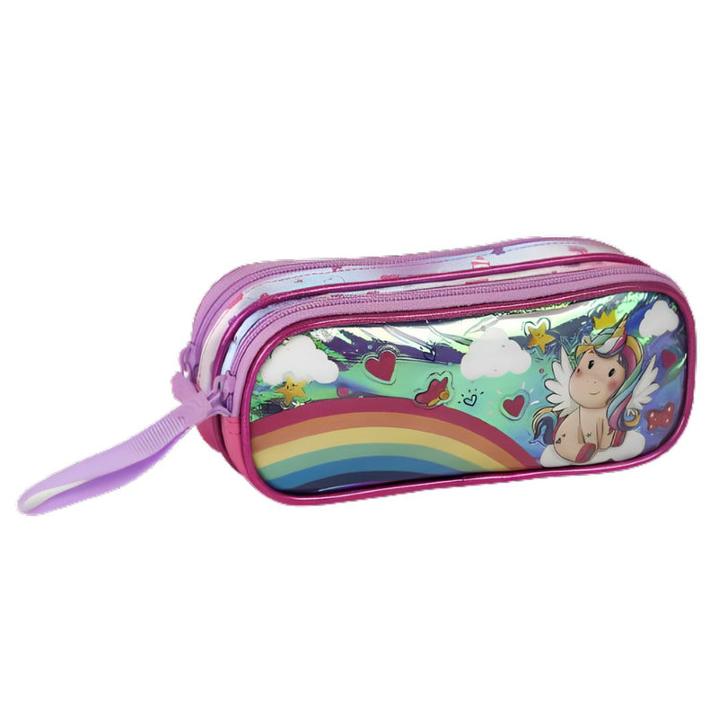 Kit Mochila Costa Mala Bolsa Unicórnio Lancheira Térmica Duas Alças Estojo Duplo Feminino Infantil Escolar Lanchinho Clio