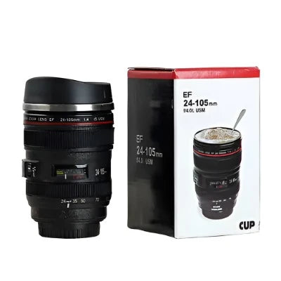 Novo Copo de Viagem com Formato de Lente de Câmera Fotográfica 304 Garrafa Térmica em Aço Inoxidável  400ML Caneca Criativa para Café e Chá Interior Escovado Preto - Megalonania