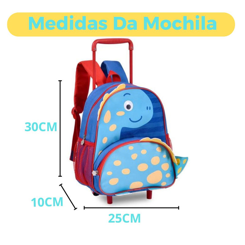 Kit Mochila de Carrinho Dinossauro Mala de Rodinhas Azul Lancheira Térmica Duas Alças Costas Meninos Masculino Infantil