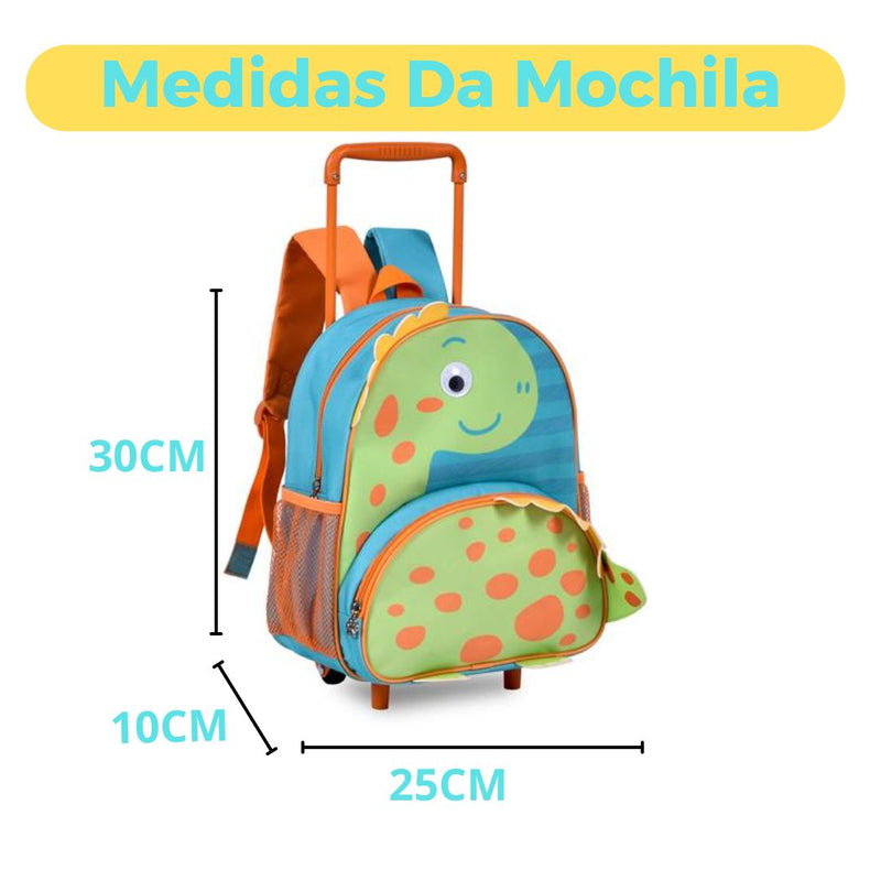 Kit Mochila de Carrinho Mala de Rodinhas Dinossauro Verde Lancheira Térmica Infantil Masculino