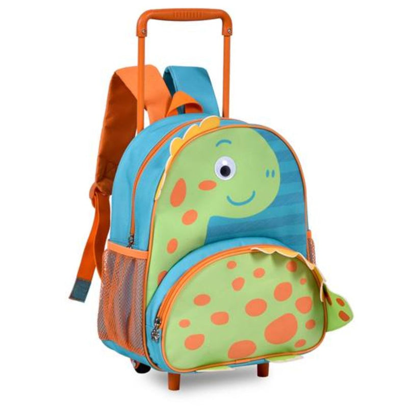 Kit Mochila de Carrinho Mala de Rodinhas Dinossauro Verde Lancheira Térmica Infantil Masculino