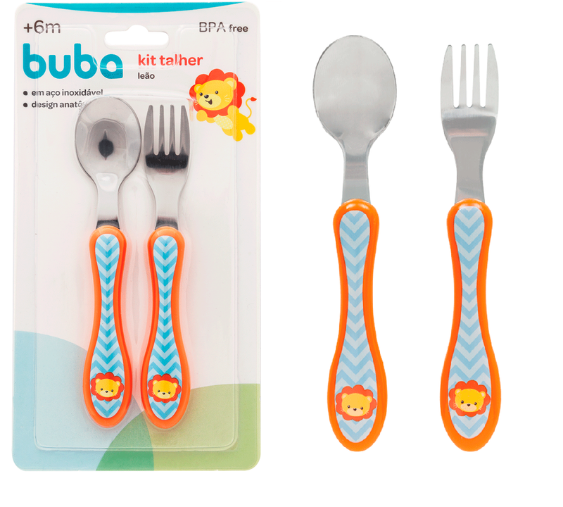 Kit Talher Bebê Introdução Alimentar Infantil Garfo + Colher Leão Buba