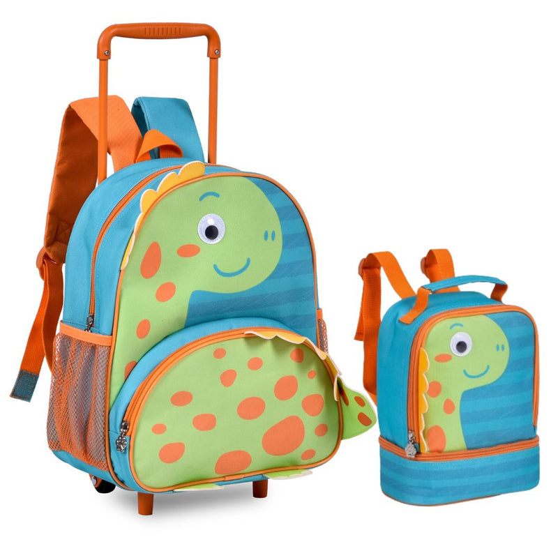 Kit Mochila de Carrinho Mala de Rodinhas Dinossauro Verde Lancheira Térmica Infantil Masculino