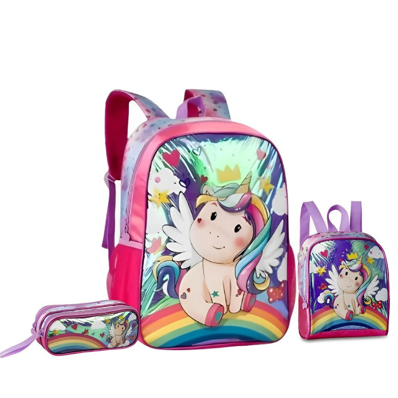 Kit Mochila Costa Mala Bolsa Unicórnio Lancheira Térmica Duas Alças Estojo Duplo Feminino Infantil Escolar Lanchinho Clio