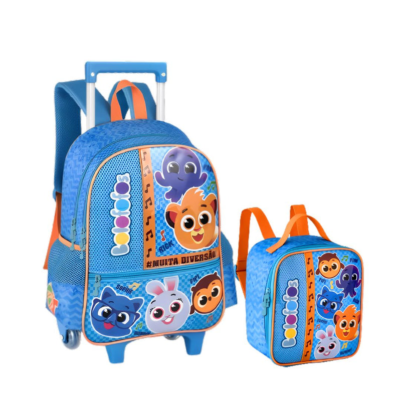 Kit Mochila de Carrinho Bolofofos Azul Lancheira Térmica Duas Alças Lanchinho Infantil Escolar Clio