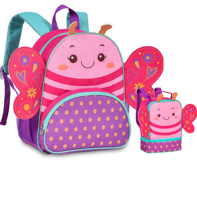 Kit Mochila de Costas Mala Bolsa Lancheira Térmica Infantil Menina Borboleta Rosa Criança Pets Clio