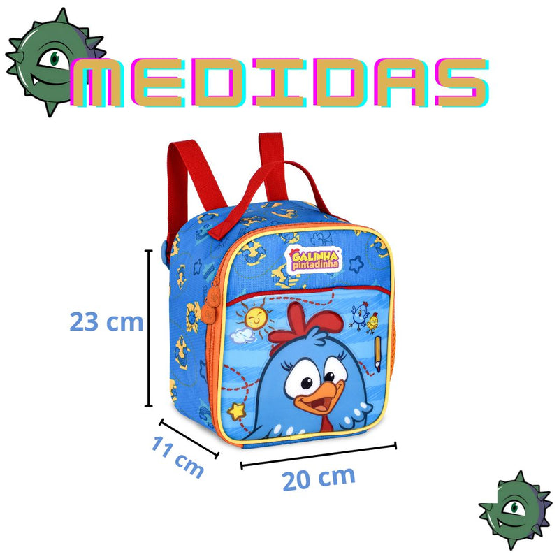 Kit Mochila de Carrinho Galinha Pintadinha Mala Bolsa Lancheira Térmica Duas Alças Infantil Escolar Clio