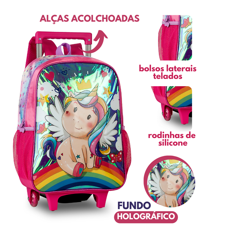 Mochila de Carrinho Mala Bolsa Unicórnio Feminino Escolar Infantil Clio