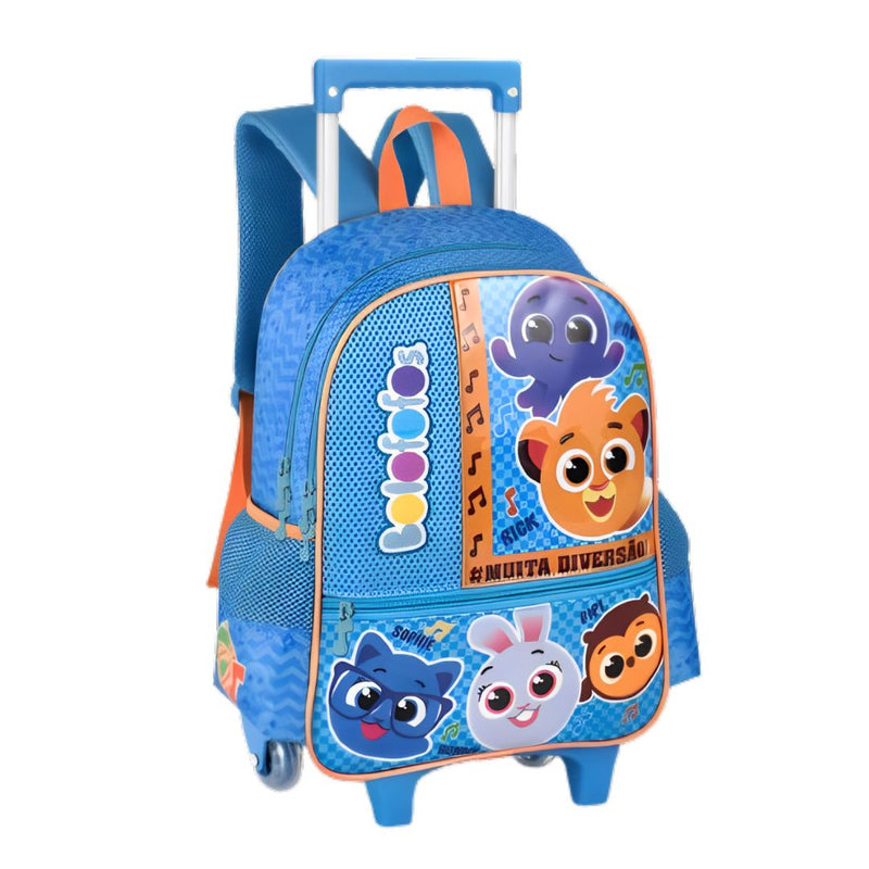 Kit Mochila de Carrinho Bolofofos Azul Lancheira Térmica Duas Alças Lanchinho Infantil Escolar Clio