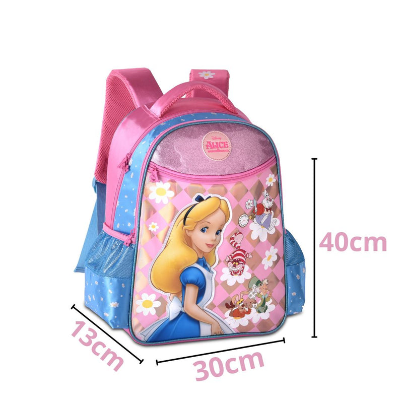 Mochila de Costas Mala Bolsa Alice no País das Maravilhas Rosa Infantil Feminino Escolar Clio