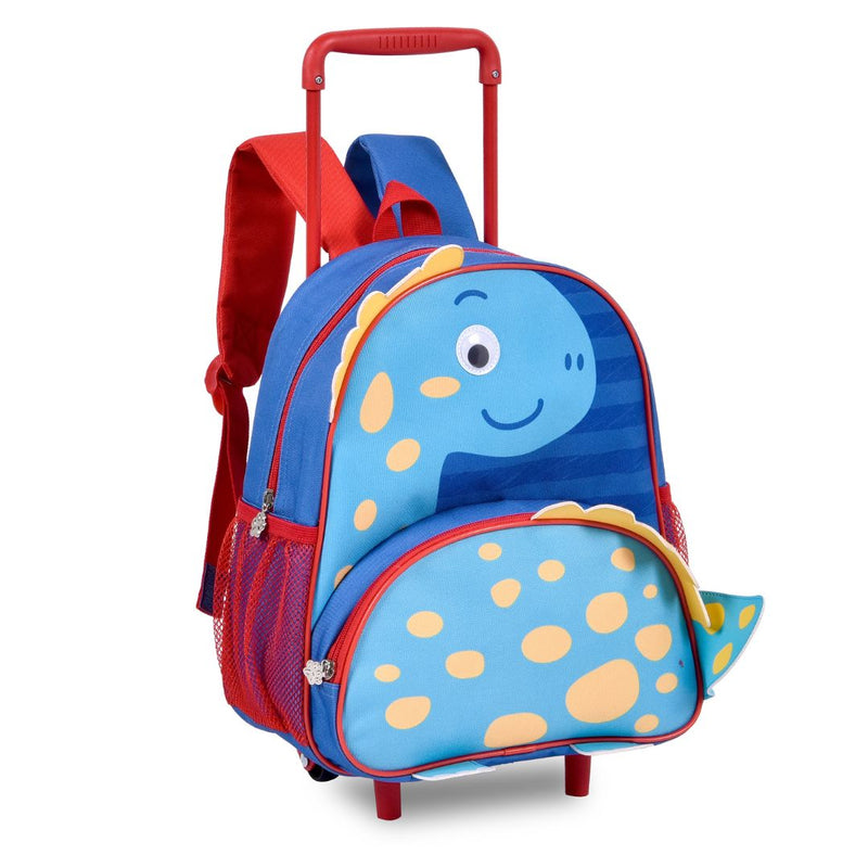 Kit Mochila de Carrinho Dinossauro Mala de Rodinhas Azul Lancheira Térmica Duas Alças Costas Meninos Masculino Infantil