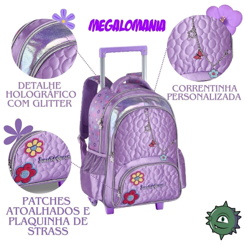 Mochila de Carrinho Bolsa Mala de Rodinhas Feminino Juvenil Roxo Escolar Clio